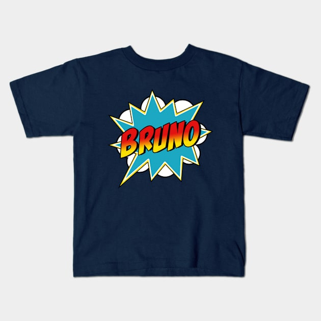 Boys Bruno Name Superhero Comic Book Kids T-Shirt by Rixta Tees